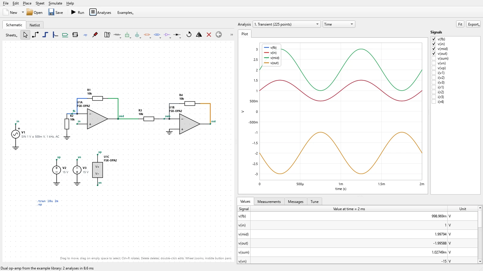 A schematic of two inverting stages made from the two amplifiers of one dual op-amp placed from a part library, with its separate supply unit, beside the input, middle and output voltages over time