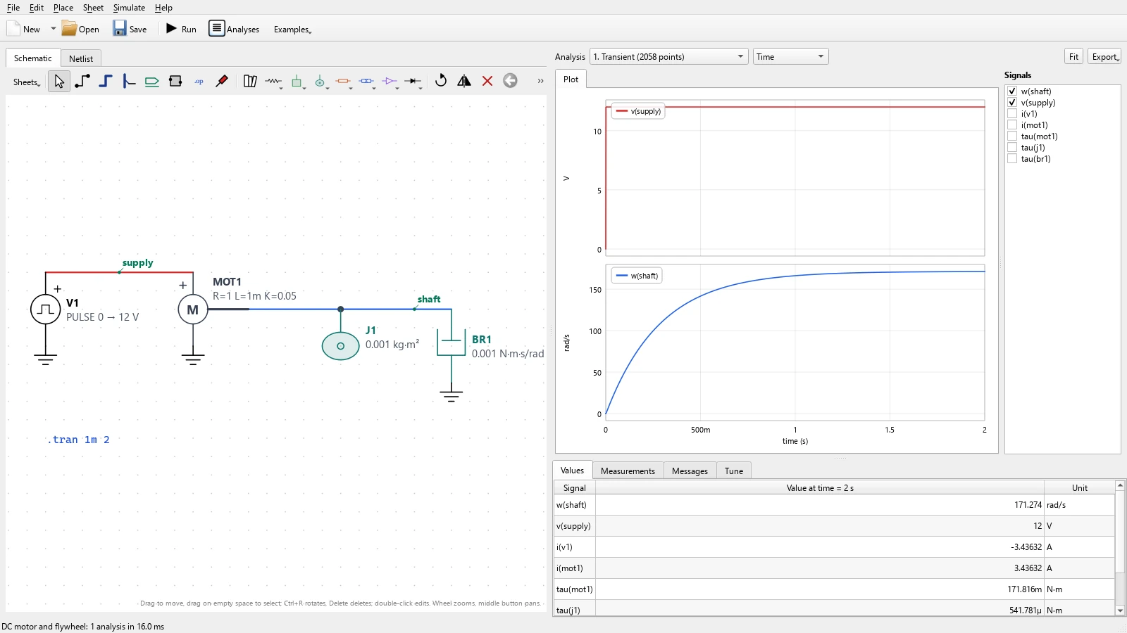 Fusion SIM with a schematic of a 12 V supply driving a DC motor, a flywheel and friction, beside plots of the supply voltage and the shaft speed rising to 171 rad/s